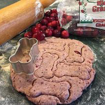 An image of cranberry and oat dog treat biscuit dough surrounded by a bone shaped cookie cutter, fresh cranberries, and a rolling pin.