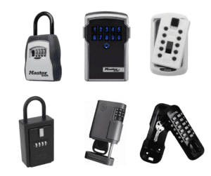 An image showing various types of key lock boxes used for hiding and securing house keys.