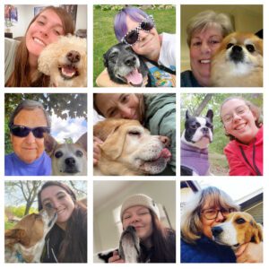 An image containing 9 separate selfies of the four seasons for paws team with happy animal companions.