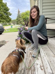 An image depicting a person holding a clicker behind her back and a dog sitting attentively. This image represents the concept of clicker training, a positive reinforcement method used to train dogs.