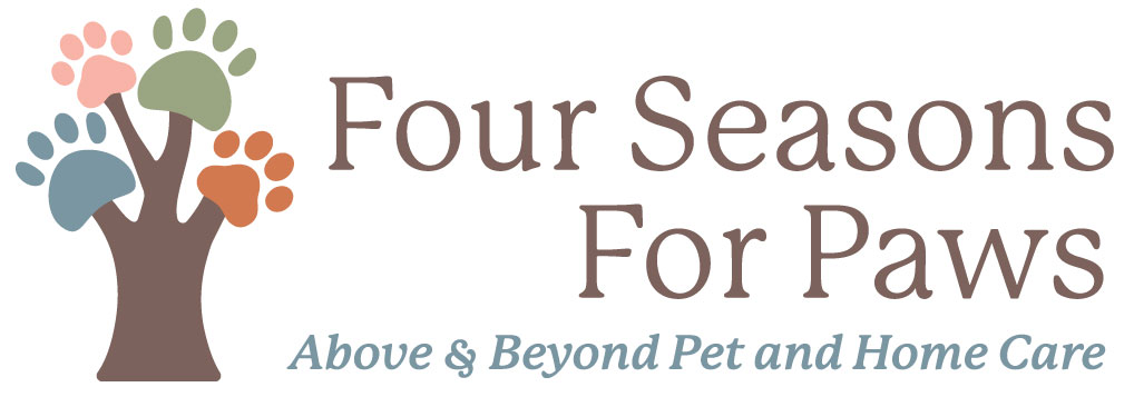 An image of the Four Seasons For Paws Logo. It is a tree with four seasonally colored paws, representing year round, above & beyond, pet care services and training.