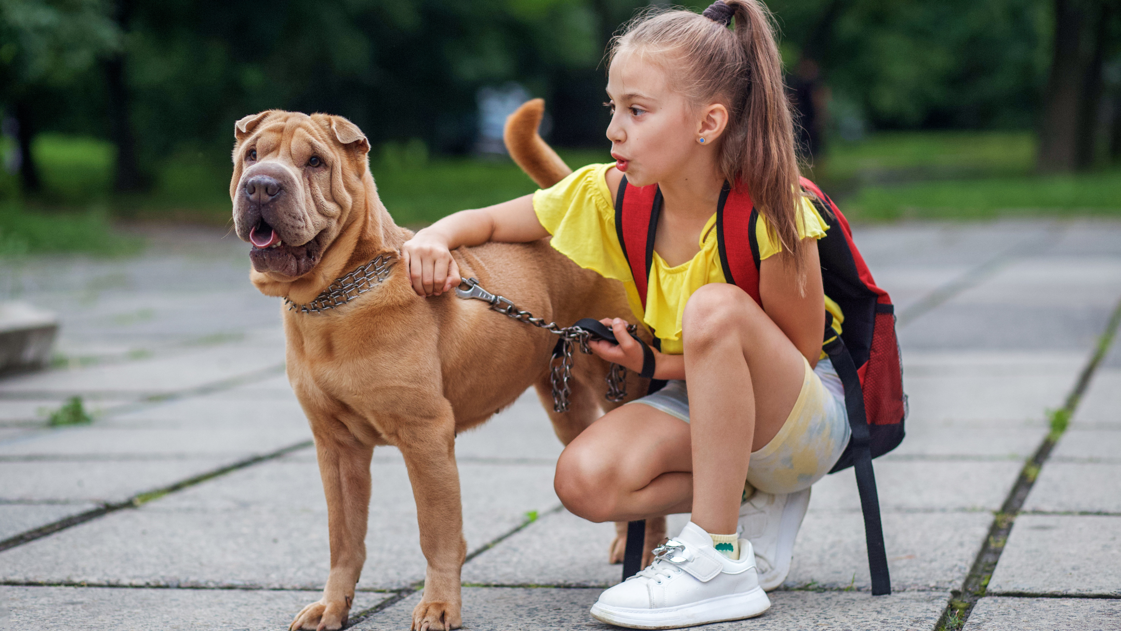 A young girl saying goodbye to her dog before she heads to school.