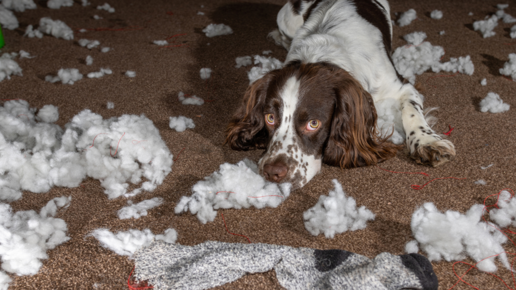 Anxious dog lying down in the middle of what remains of a pillow and a sock that he chewed up.