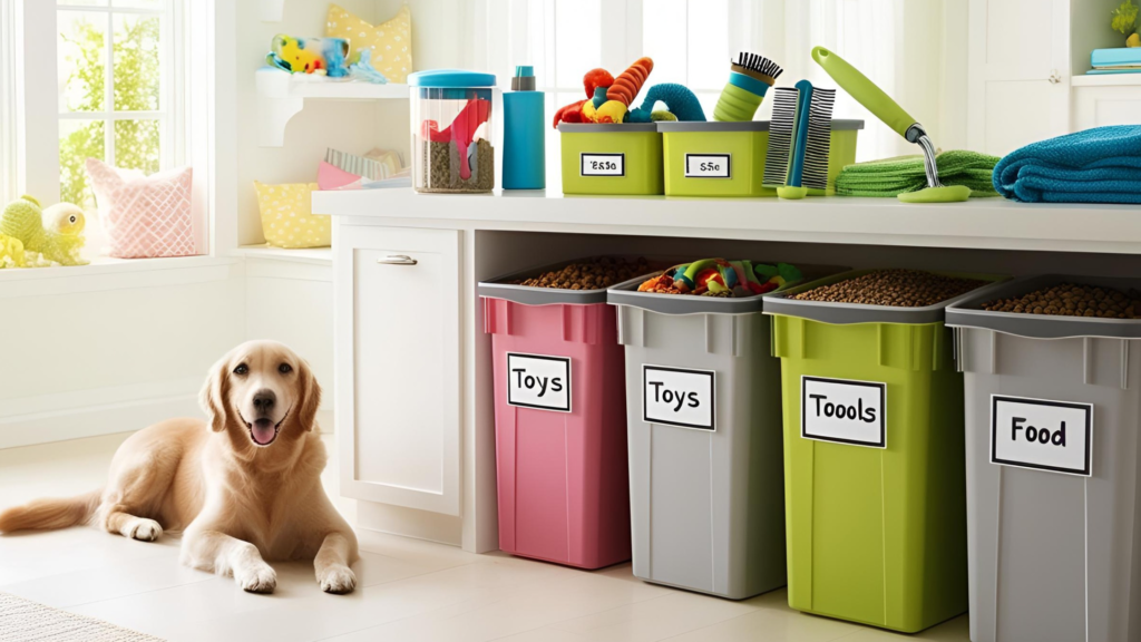 A golden retriever dog sits next to labeled storage bins in a well-organized room.