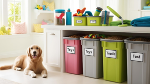 A golden retriever dog sits next to labeled storage bins in a well-organized room.