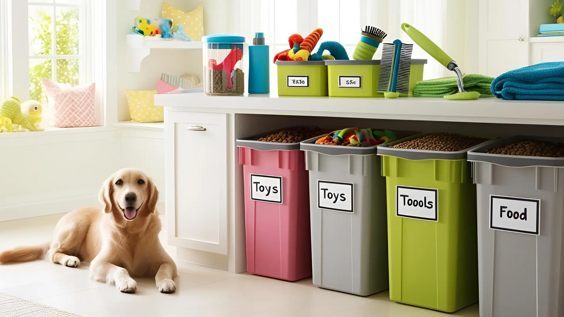 A golden retriever dog sits next to labeled storage bins in a well-organized room.