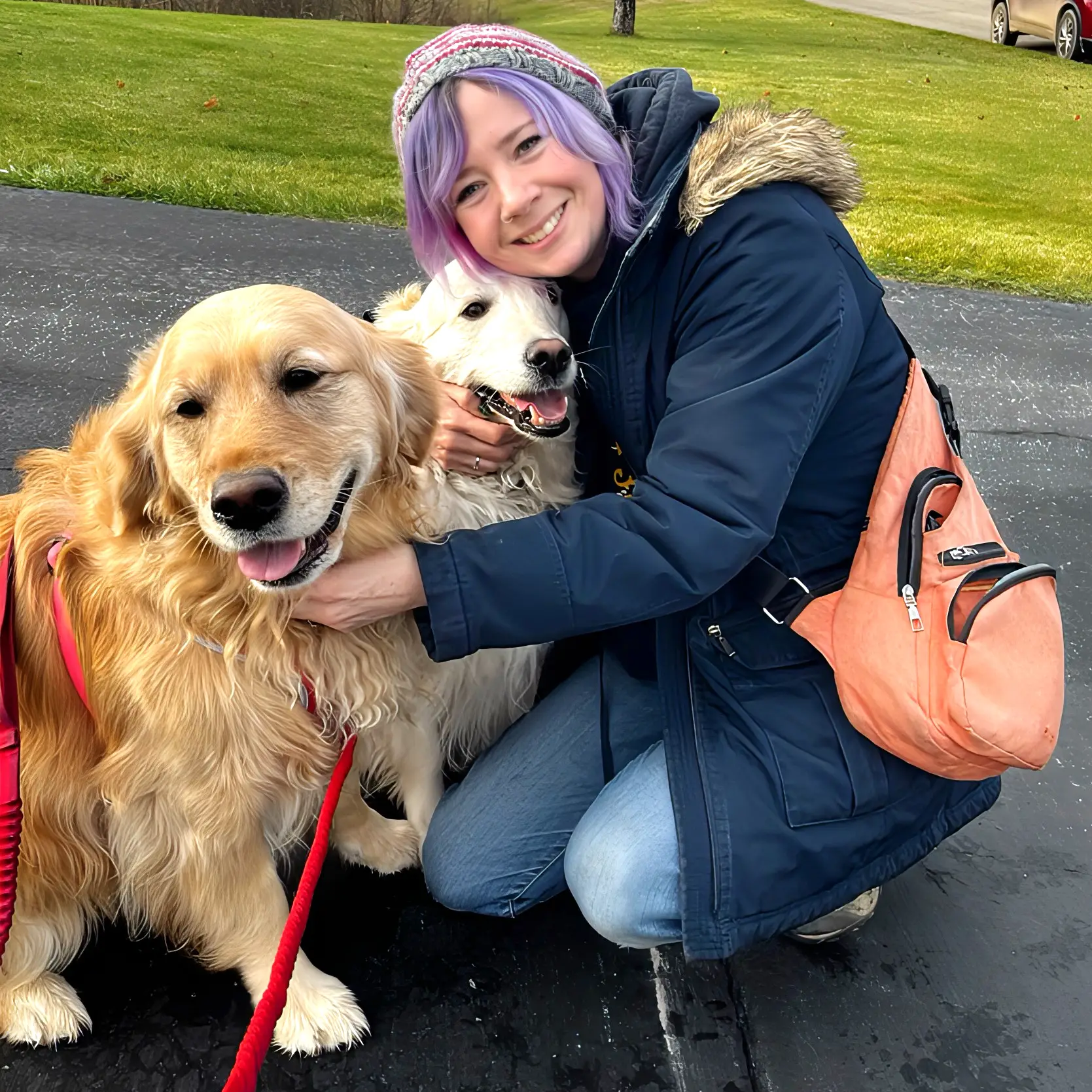A Home and Pet Care Guardian bends down to hug and pet two happy golden retrievers during a walk.